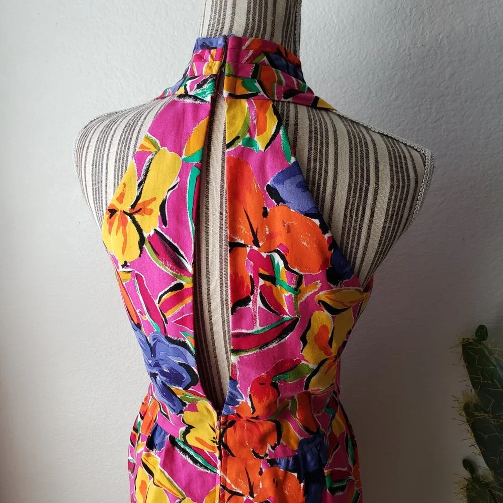 Vintage Tulip Dress Colorful Abstract Floral Print Halter Knee Length Belt sz 8 - Picture 9 of 16
